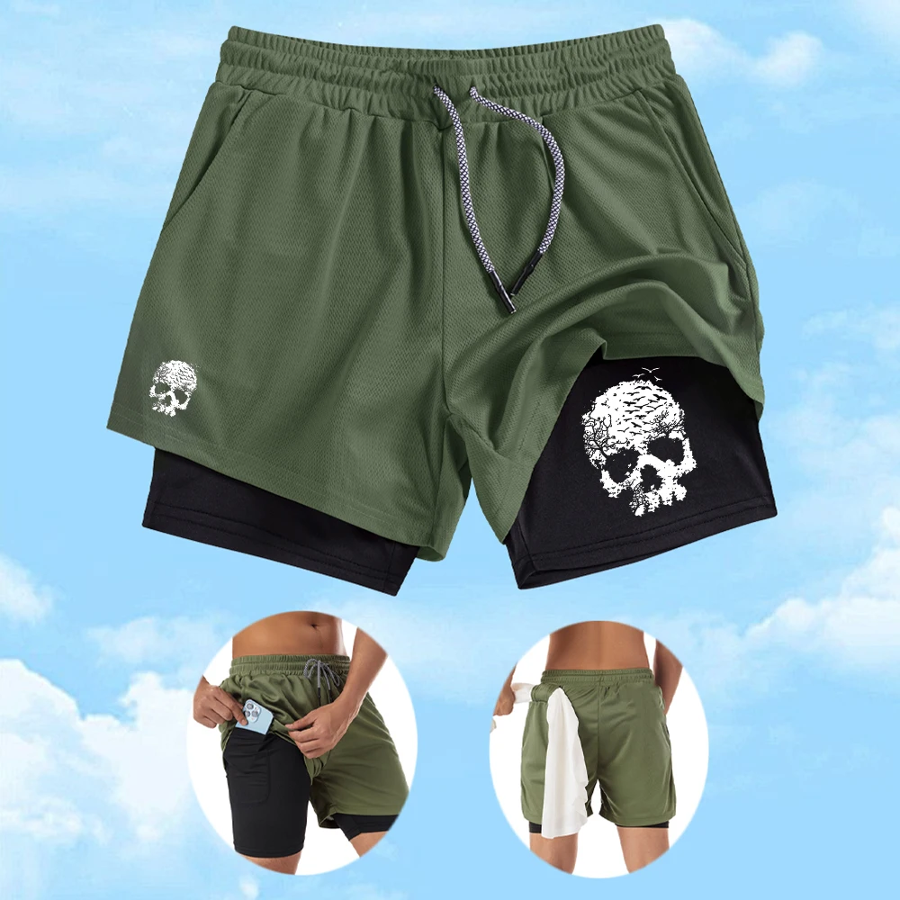 

Мужские повседневные спортивные шорты 2-в-1 с принтом черепа, модные плавки для серфинга, летние шорты для отпуска и бега, базовый комплект для повседневной носки