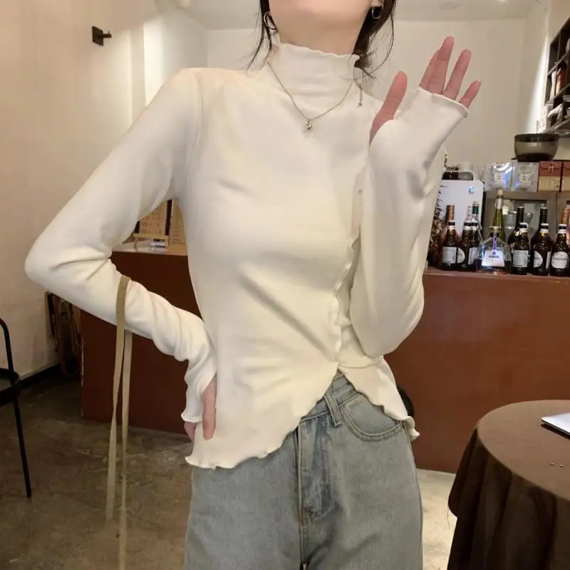 

Half Turtleneck Long-Sleeved T-Shirt Fungus Edges Right Shoulder Inner Layering Shirt Women Autumn Winter Irregular Slit Top