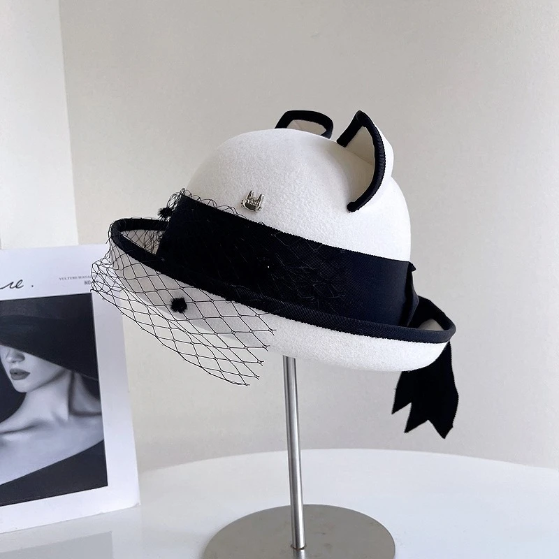 آذان قطة لطيفة براقة مع حواف مزركشة قبعة قماش شبكية من الصوف الأسترالي قبعة دلو عتيقة نمط فريد قبعة صياد عصرية #5