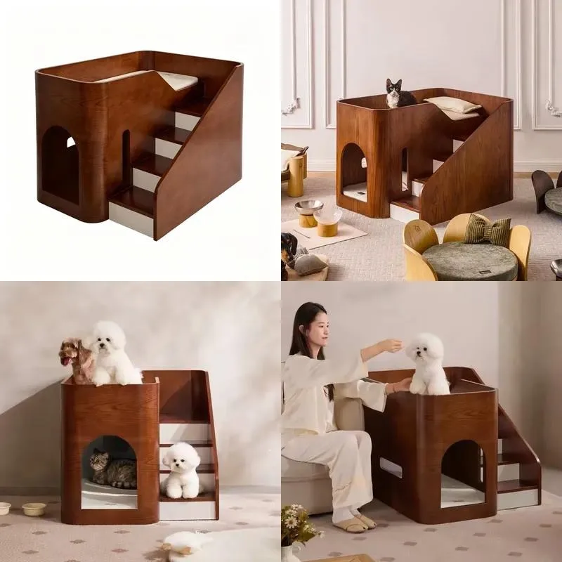 Luxury Walnut Double Layer Removable Washable Pet Bed for Cats and Dogs All Seasons Heavy Duty 25kg Load Bearing Villa