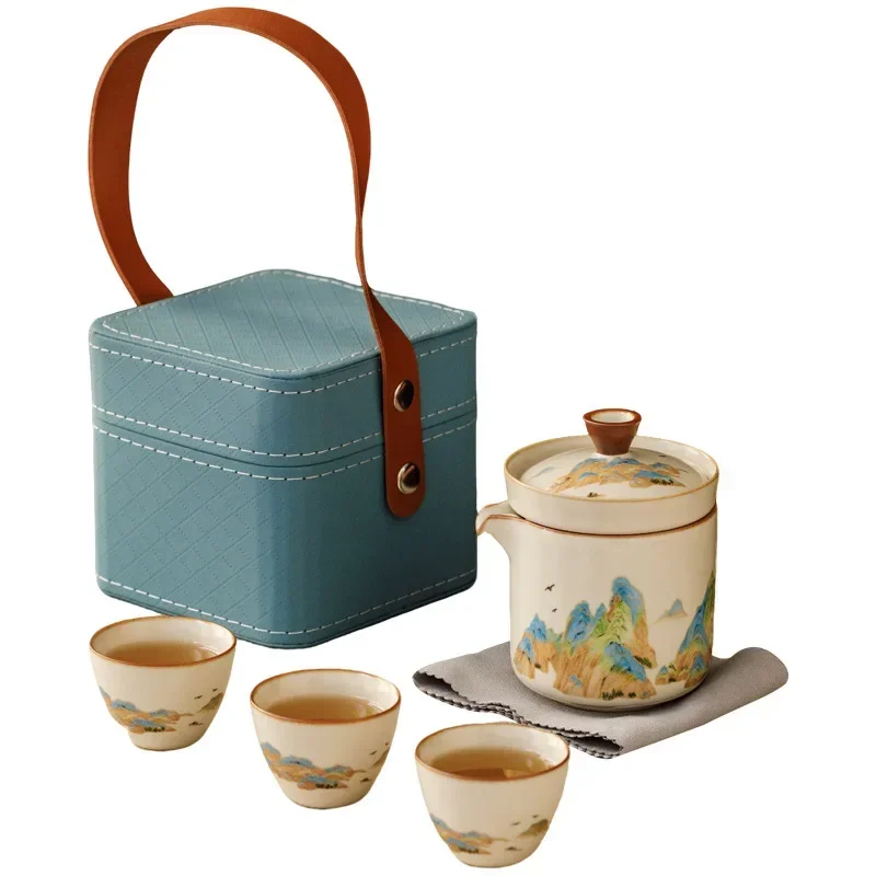 Rivers and Mountains, Hand-painted Landscapes, Portable Travel Tea Set, Outdoor Tea Making Equipment, High-end Ceramic Quick Cup