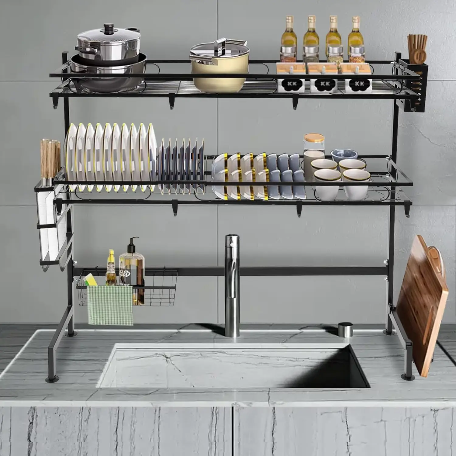 رف تجفيف الأطباق فوق الحوض، رف أطباق متعدد الوظائف بطبقتين فوق الحوض، رف تجفيف أطباق المطبخ بمساحة تخزين كبيرة #3