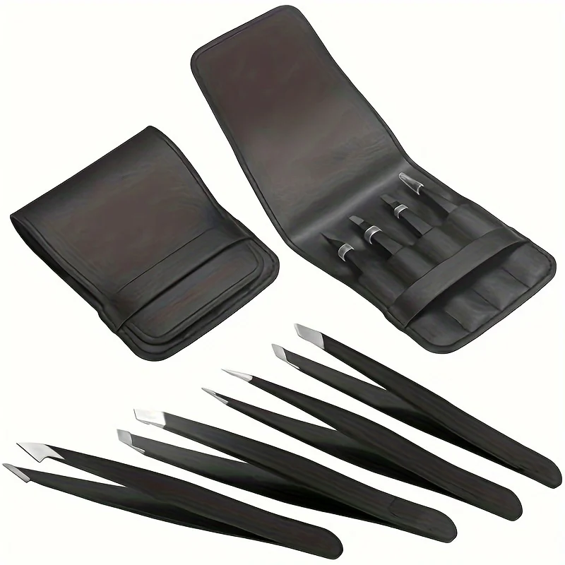 

4pcs Eyebrow Tweezers Stainless Steel Point Slant Flat Tip Scissors Hair Removal Makeup Tool Eye Brow Clips with Case