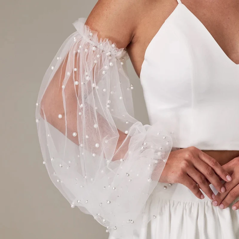 신부 투명 메쉬 진주 팔 슬리브 웨딩 드레스 긴 장식 Tulle Sleeves 의상 액세서리