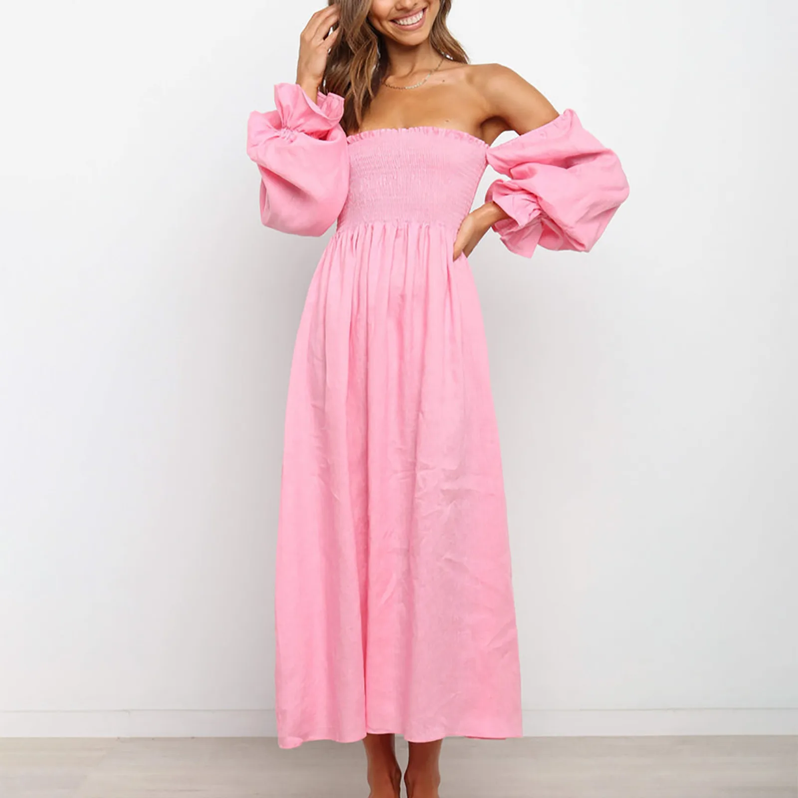 

Women’s Sexy Off The Shoulder Long Dress Summer One Neck Puff Long Sleeves Maxi Dress Slim Waist Pleated A-Line Female Dresses