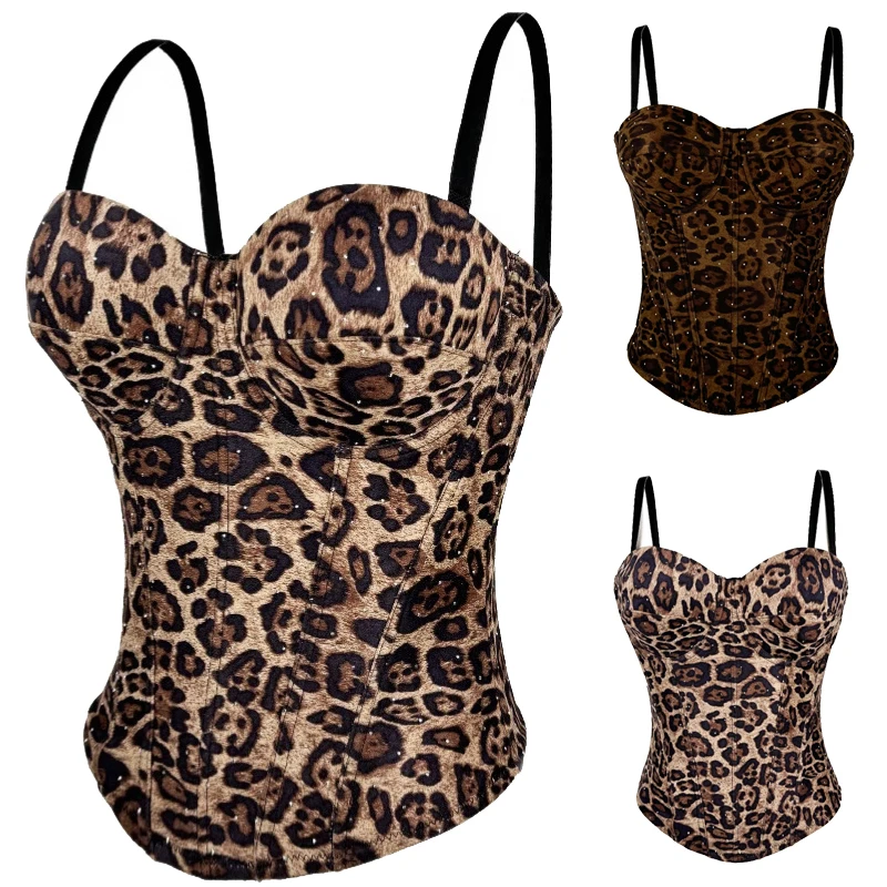 

Leopard Print Push-up Fishbone Corset Tops with Bra For Women Going Out Lace Mesh Date Night Top Spaghetti Strap Party Club Top