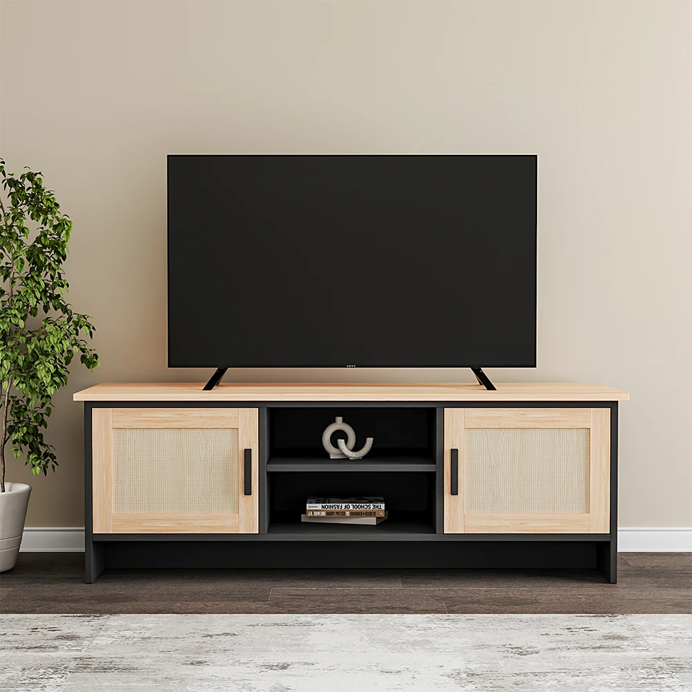 Beige Modern TV Stand Wooden Storage Cabinet with Rattan Doors