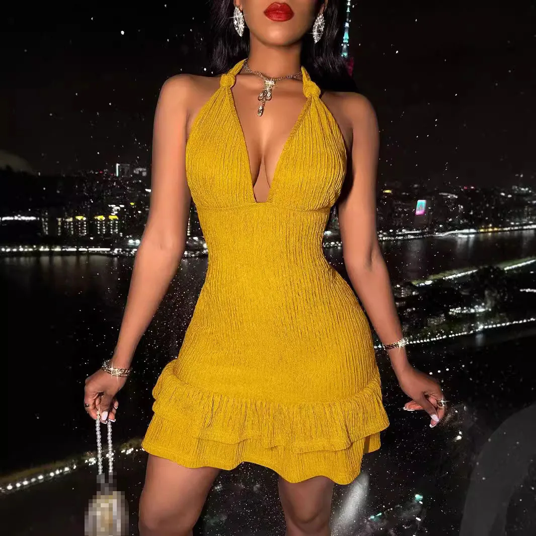 Women Trendy Dress Hanging Neck Sexy Low Cut Slim Sleeveless Solid Color Robe Femme Bag Buttock Dresses 2025 Summer New Fashion