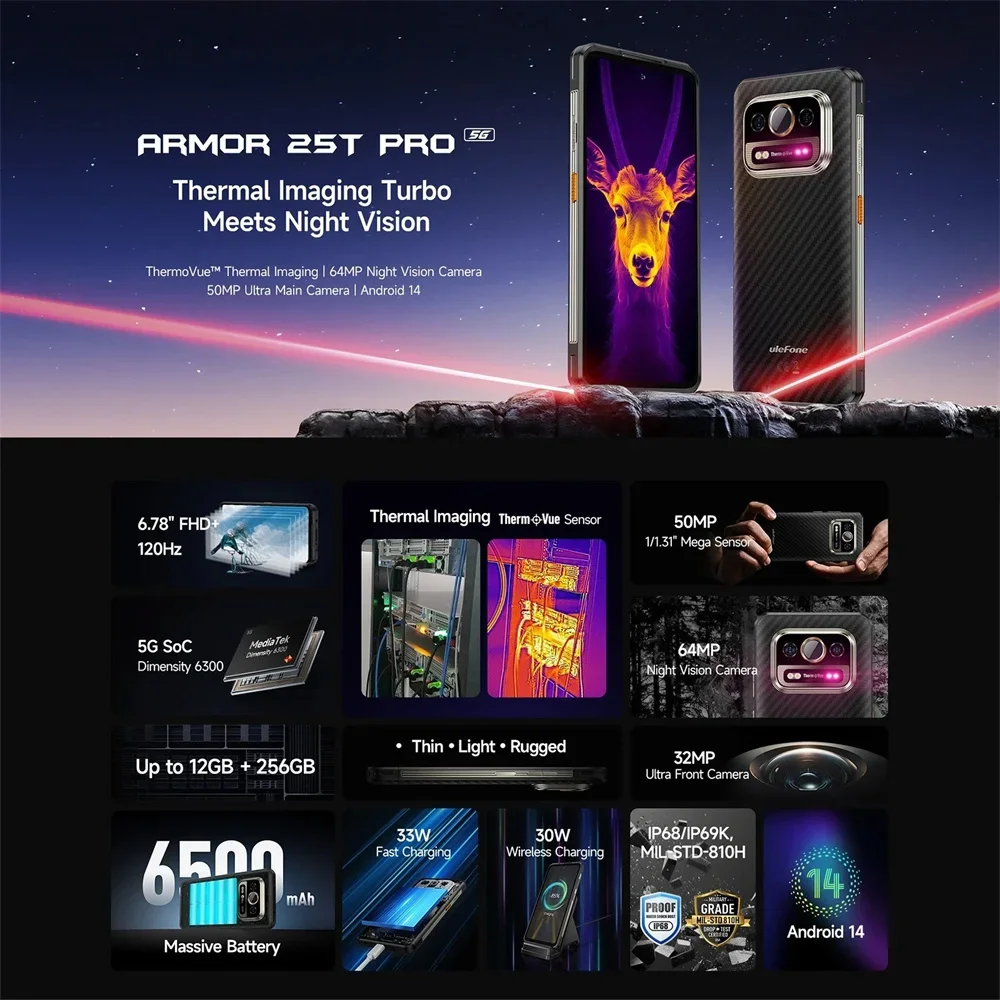 Ulefone Armor 25T Pro 5G Wytrzymały smartfon Android 14 6 GB + 256 GB Obraz termowizyjny Telefon komórkowy 6,78 cala 6500 mAh 33 W 50 MP + 64 MP NFC