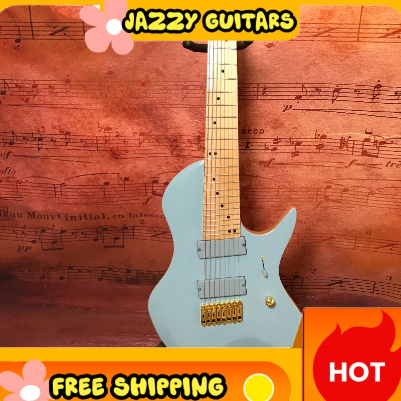 Light Blue Fan Fret 8 String Extended Range Electric Guitar Dual Active Pickups, Heavy Djent Band Live 2018