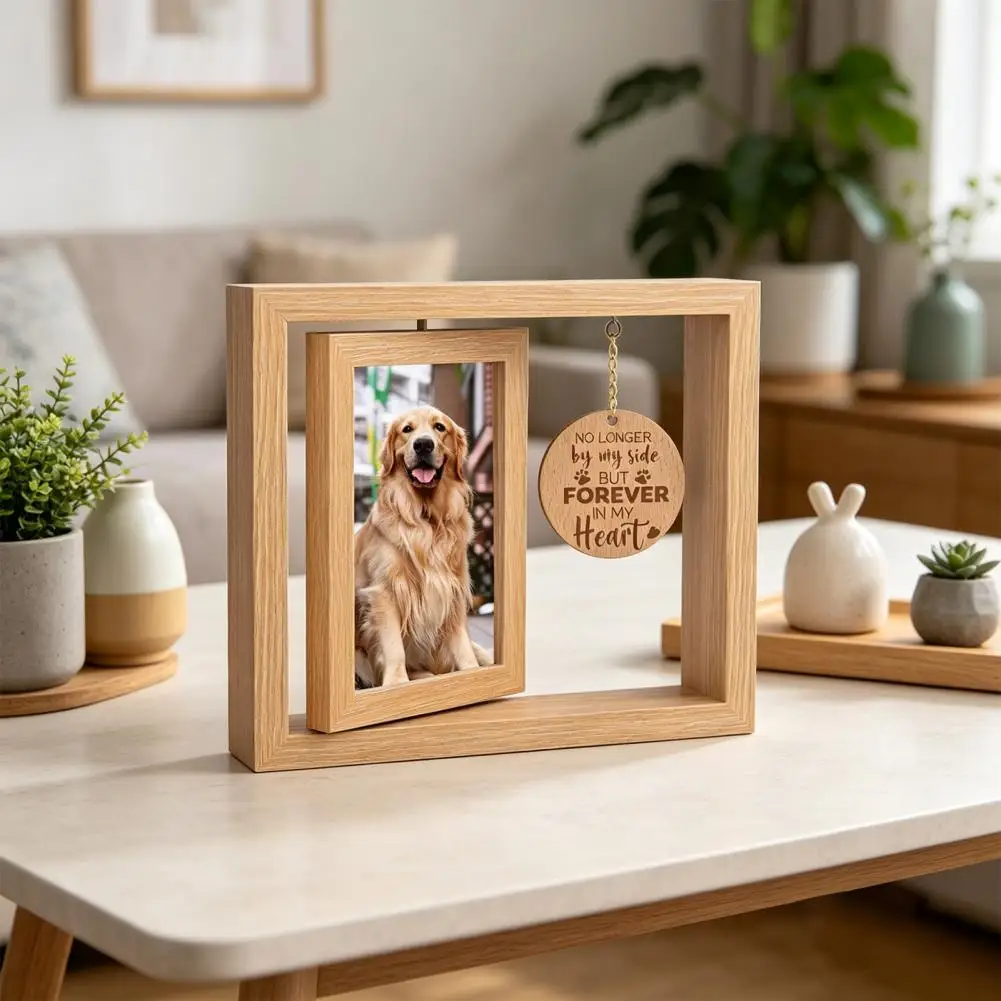 1Pc Photo Frame Double Sided Rotating Wooden Picture Frame With Engraved Pendant Gift Frame Photo Holder For 4x6-Inch Photos