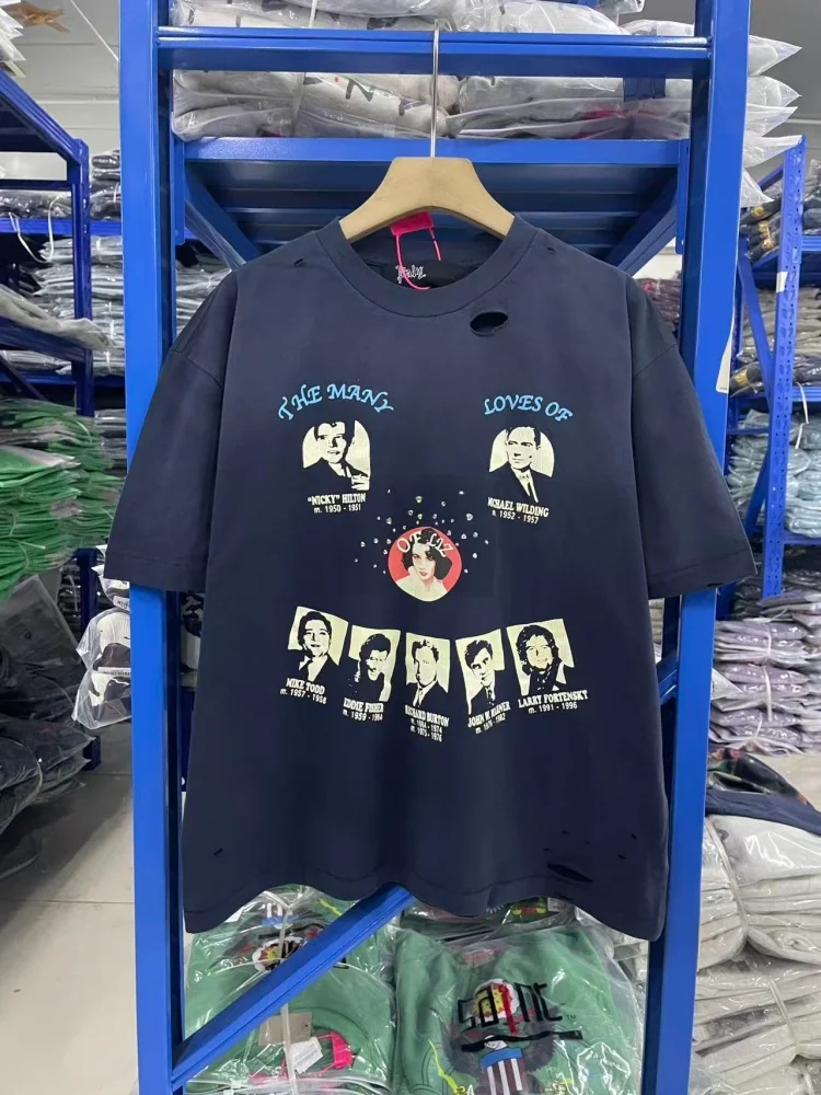 

Paly Distressed Vintage Blue Tee American Retro Street Fashion Portrait Graphic Oversized Mens T Shirt