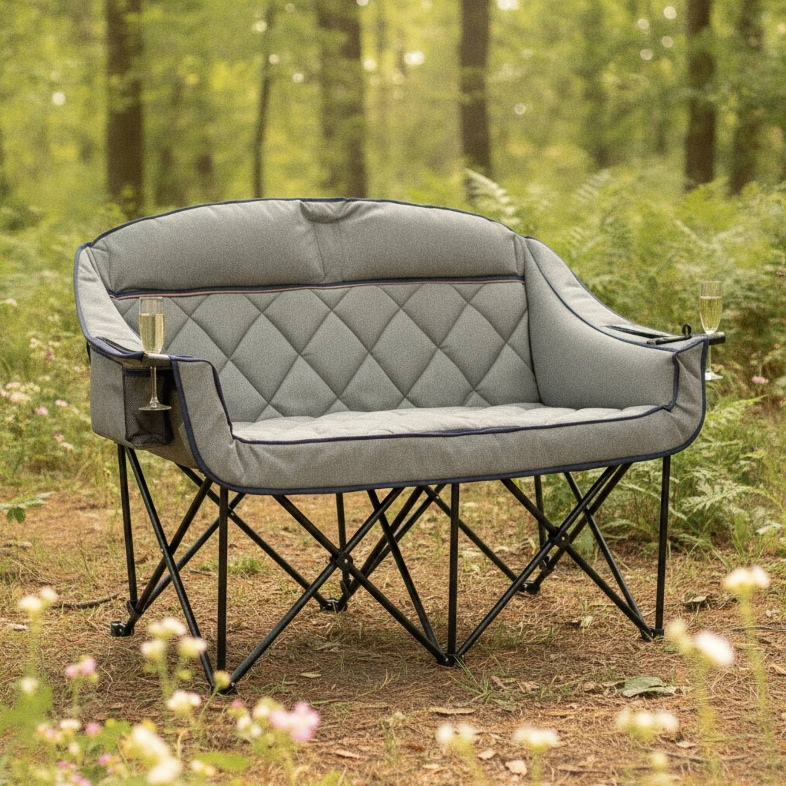 Double Camping Chair Padded Camping Loveseat Portable Folding Chair with Cup Holders Comfortable Foldable Loveseat Lightweight