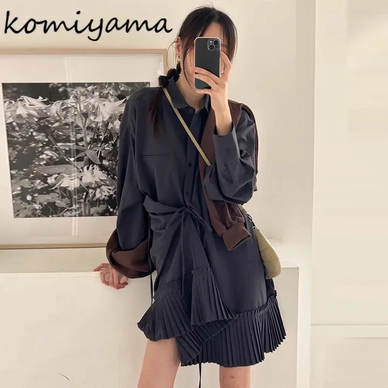 Korean Chic Pleated Vestidos Mujer Irregular Lace-up Dresses Long Sleeve Dress Laple Neck Vestido Women 2025 Autumn New Robes