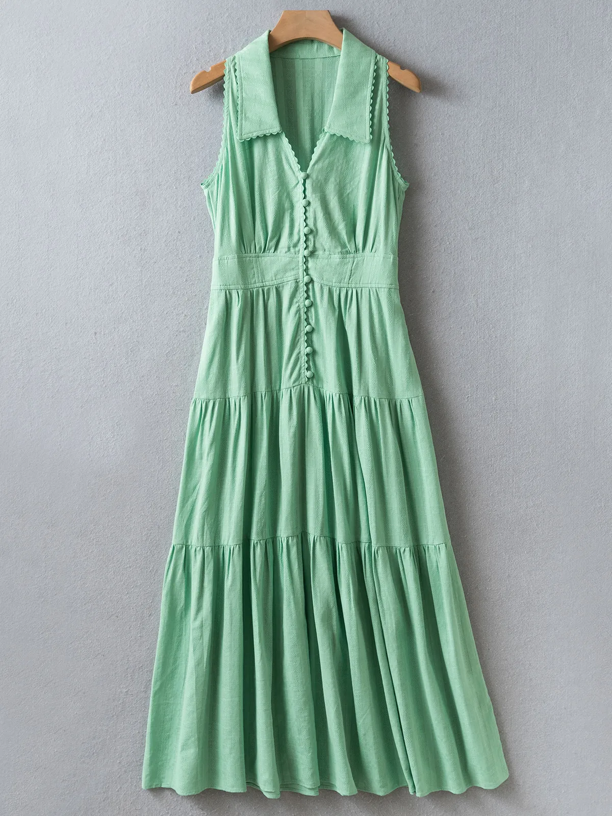 2026 Summer Collection | Sea Foam Green Cotton Dress | V-Neck Sleeveless Waist-Cinching Maxi Dress | US2-US12