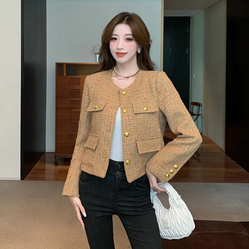 

Newest Women Autumn Winter Tweed Wool Plaid Fashion Vintage Korean Golod Button Small Fragrance Coat Jacket Outwear