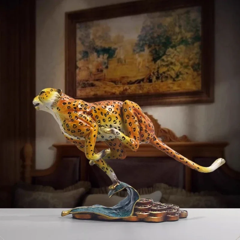 Escultura  leopardo  cobre, obra  arte  latón  lujo, coración artesanal para escritorio  oficina, coración para