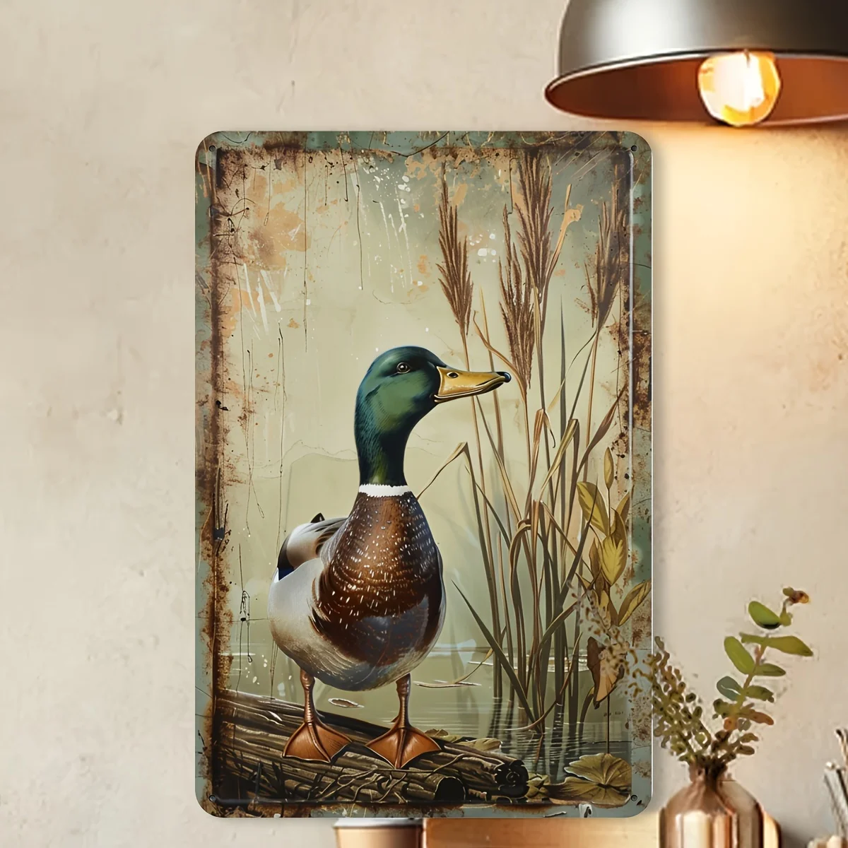 Una placa de metal de pato de cabeza verde retro de 1 pieza, 8x12 pulgadas, con murales de estilo campestre, adecuada para uso doméstico
