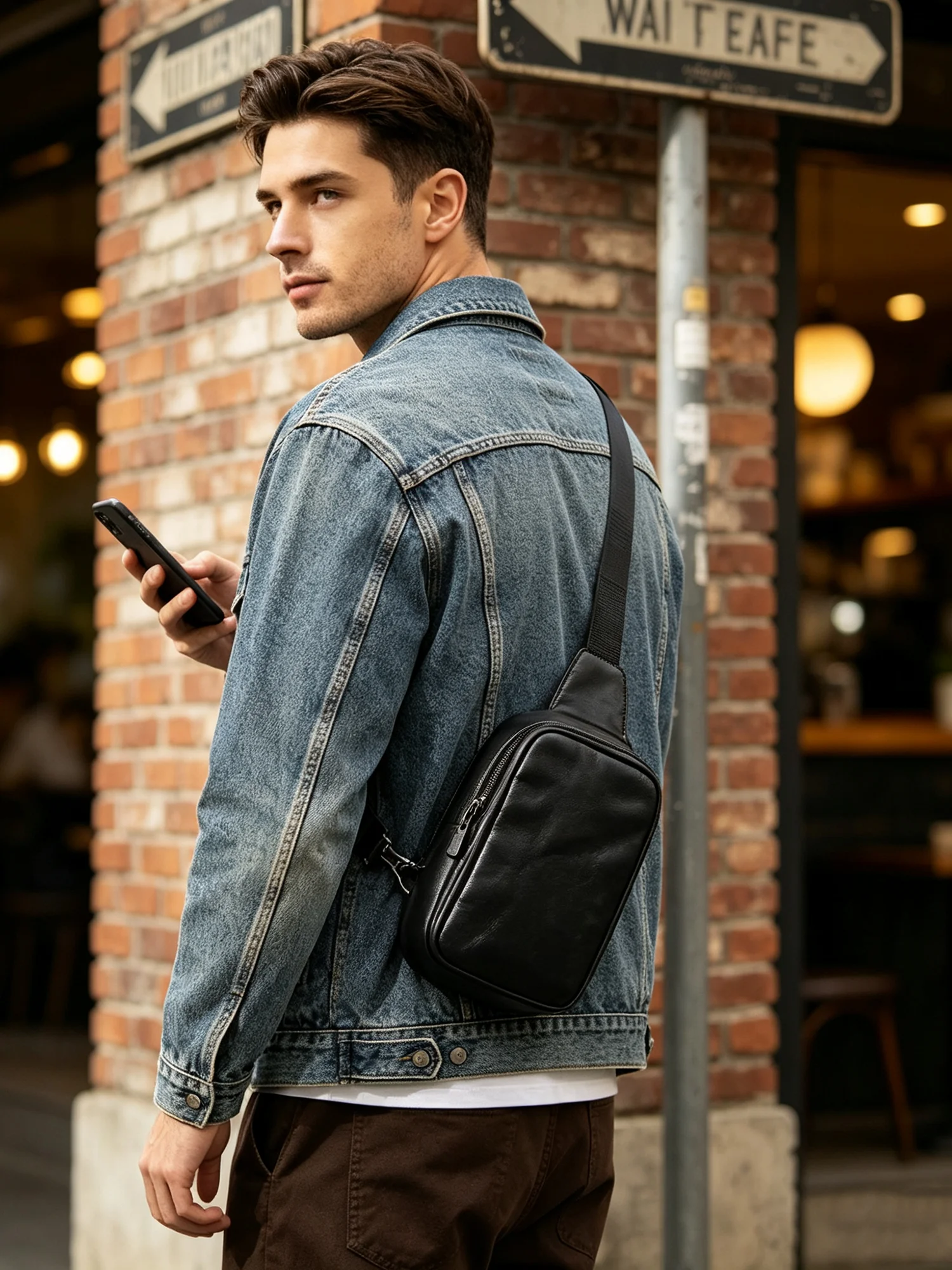 S.WORKER Echtes Leder Herren Casual Brusttasche Mini 7 Zoll Rindsleder Umhängetasche Modische Pflanzlich Gegerbte Leder-Handytasche – Detail 4