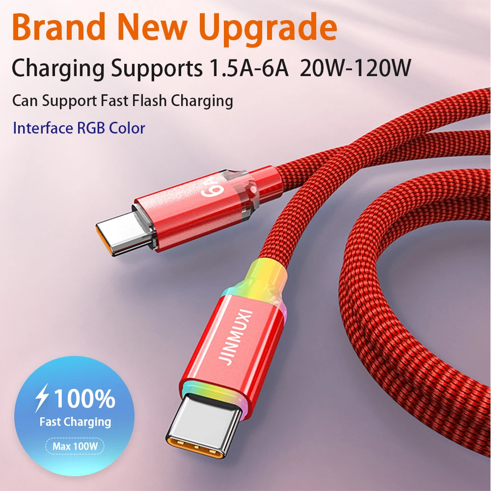 JINMUXI PD fast charging cable Type-C TO Type-C RGB color changing light for Xiaomi Samsung iPhone 15 16 Huawei OPPO OnePlus