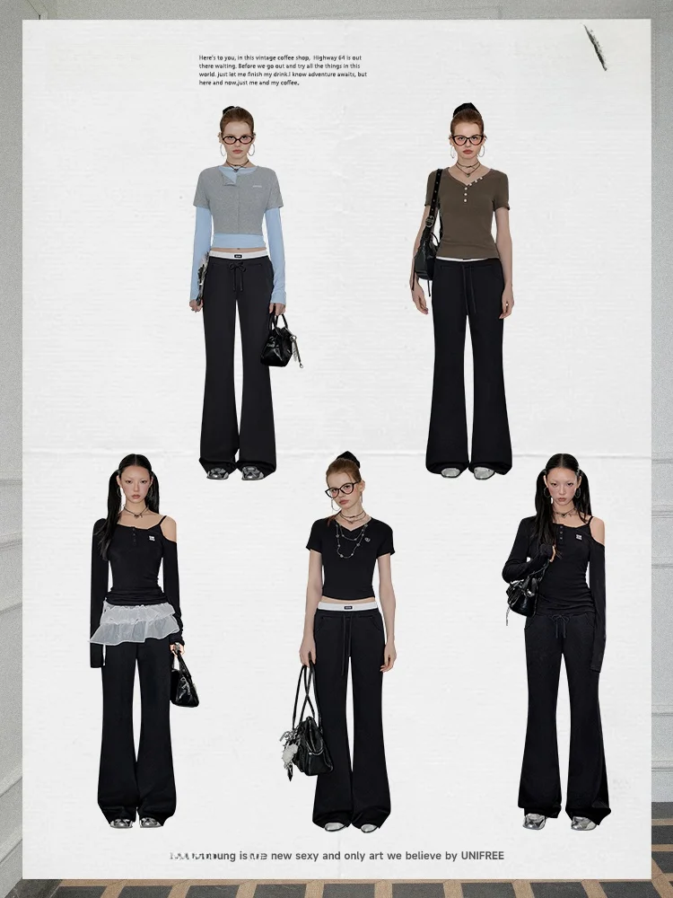 

Unfree Double Waist Head Casual Pants American Retro Sport Sle Loose Straight Leg Floor-Length Trousers for Women