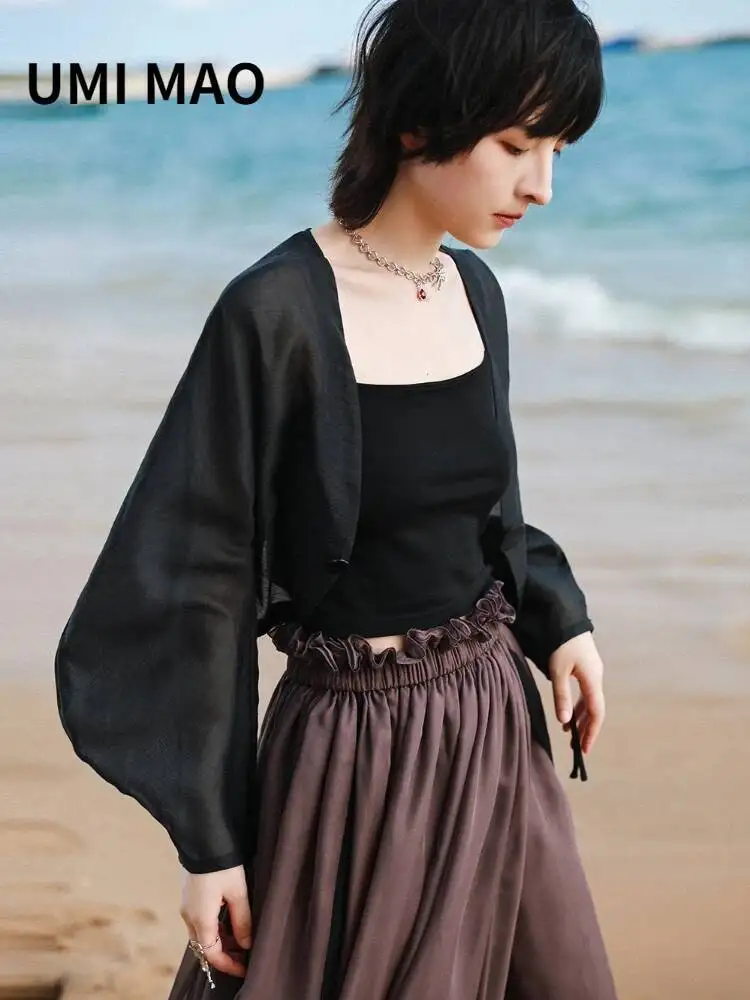 

UMI MAO Linen Black Short Long Sleeve Drawstring Strap Sunscreen Autumn Jacket Women Women's Thin Lantern Sleeve Top Femme