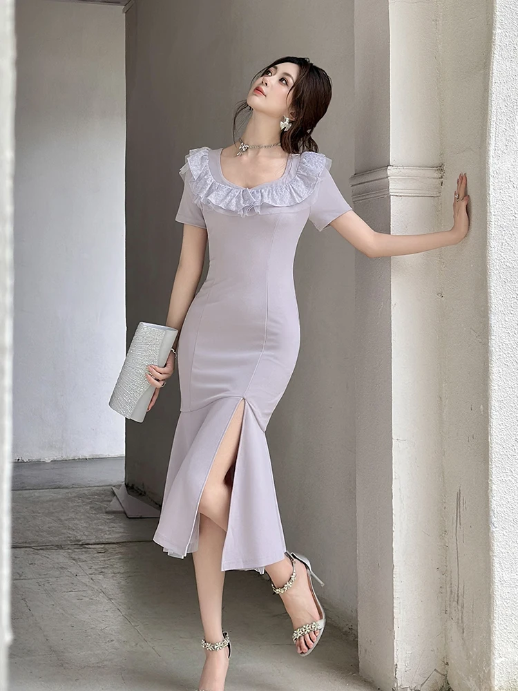 Französisches elegantes Fischschwanz-Bodycon-Kleid, Sommer, Rüschen, Rundhalsausschnitt, kurze Ärmel, hohe Taille, schlankes Schlitz-Temperament, langes Kleid für Damen