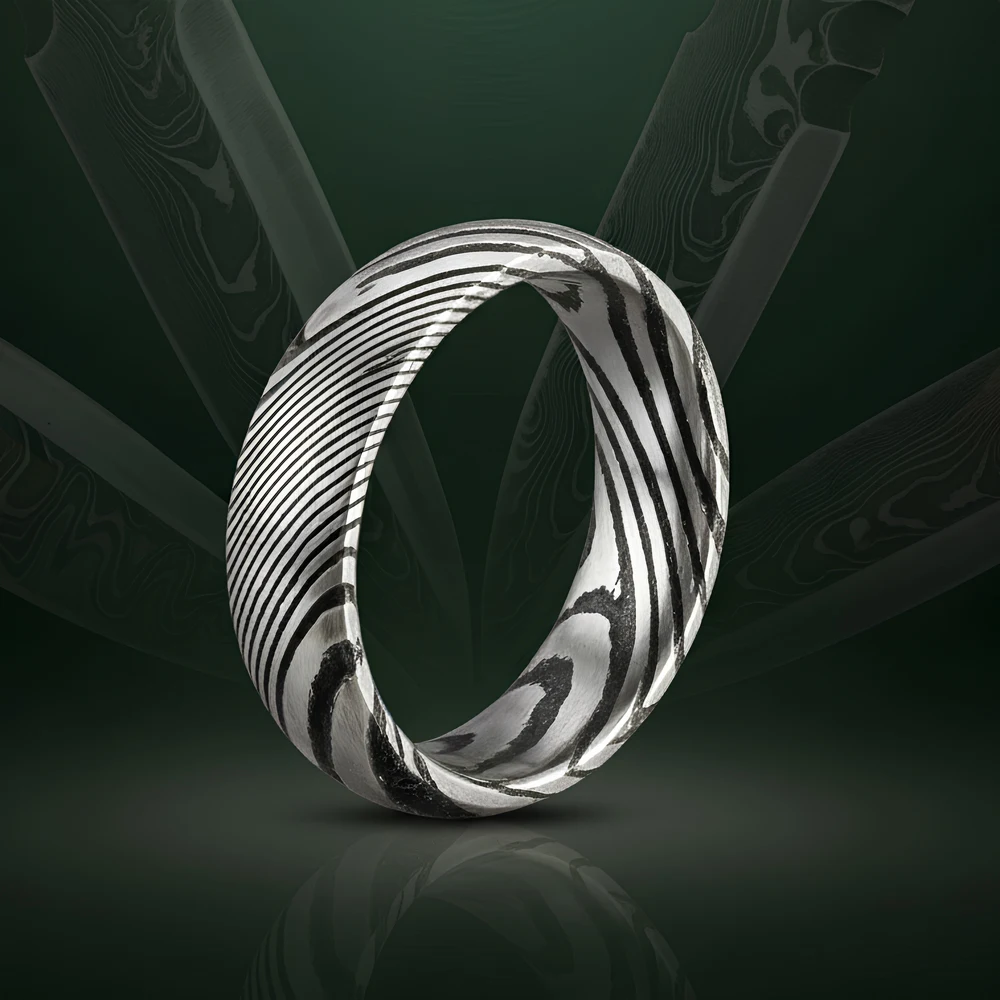 Anillo de acero de Damasco brutalista para hombre, diseño minimalista AAA +, banda de boda de circonia cúbica, accesorios únicos de joyería para hombre 2025
