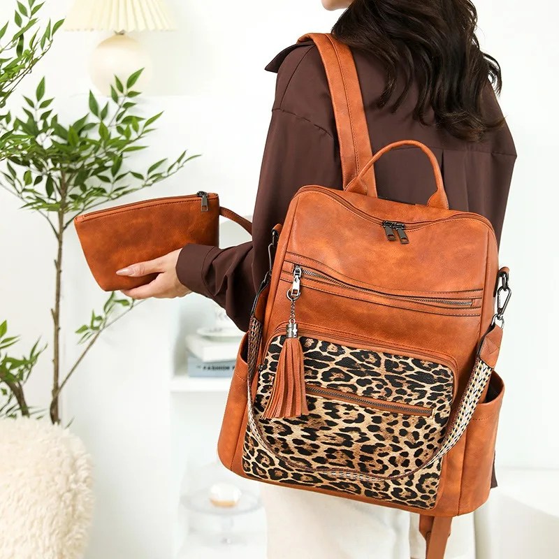 Vintage PU Leather Women Backpack Suit Commuter Daypack Clutch Bag 2pcs Set Student Book Bag Laptop Bag Fashion Travel Rucksack