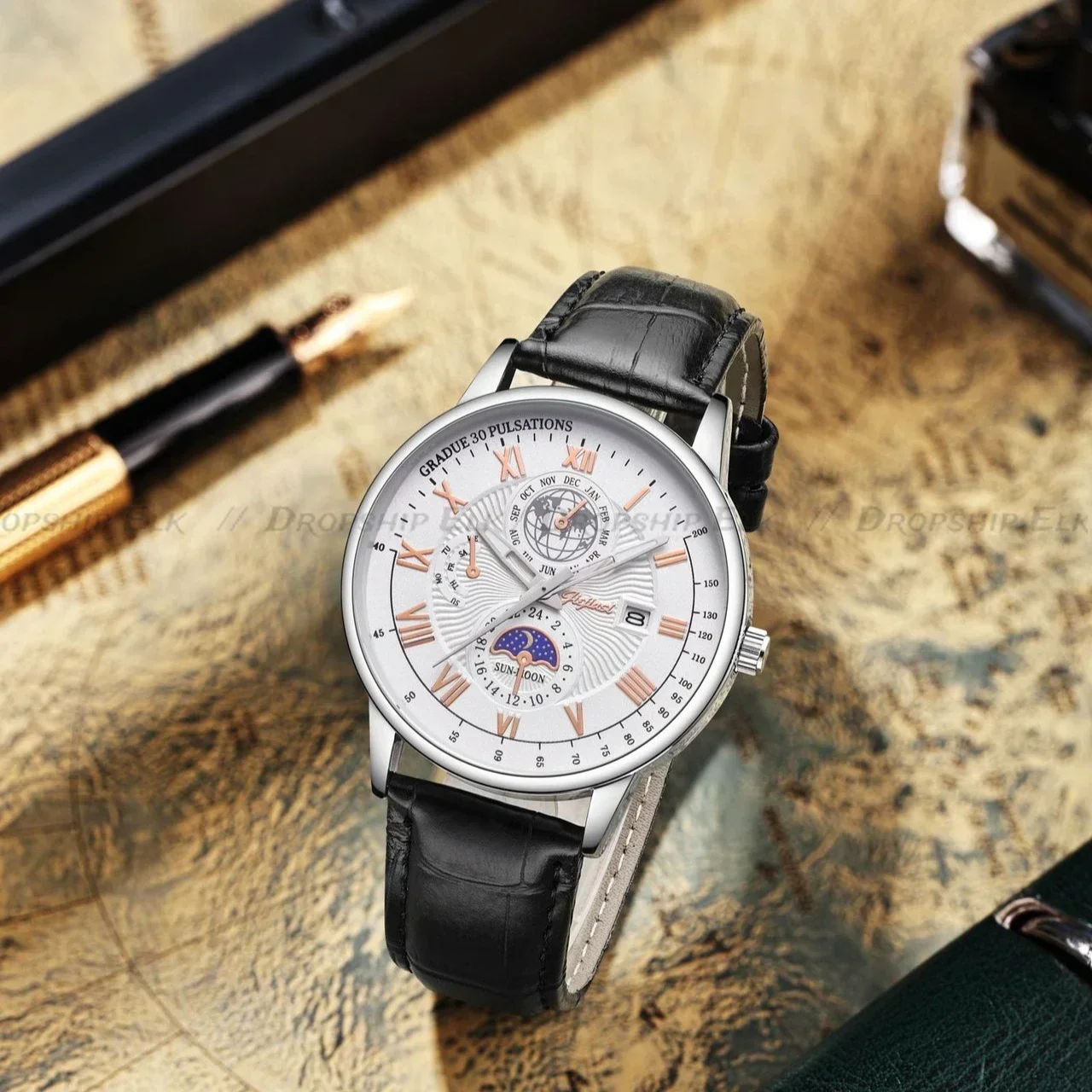 남성용 럭셔리 시계, 가죽 크로노그래프 날짜, 문 타이밍, 비즈니스 야광 쿼츠 시계