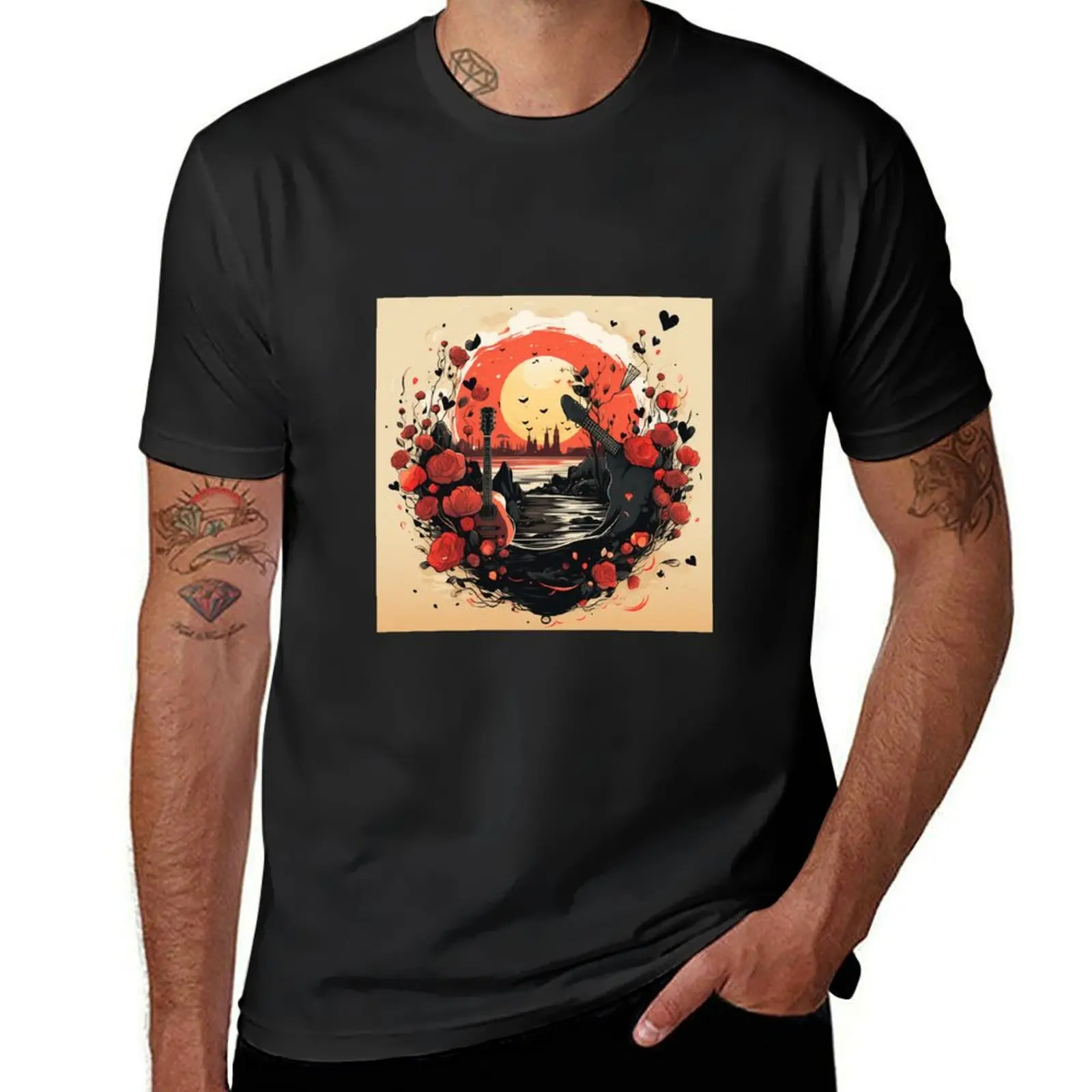 

Rose Blossoming Love Happy Music Guitar Garden T-Shirt customs design your own oversizeds t shirt men