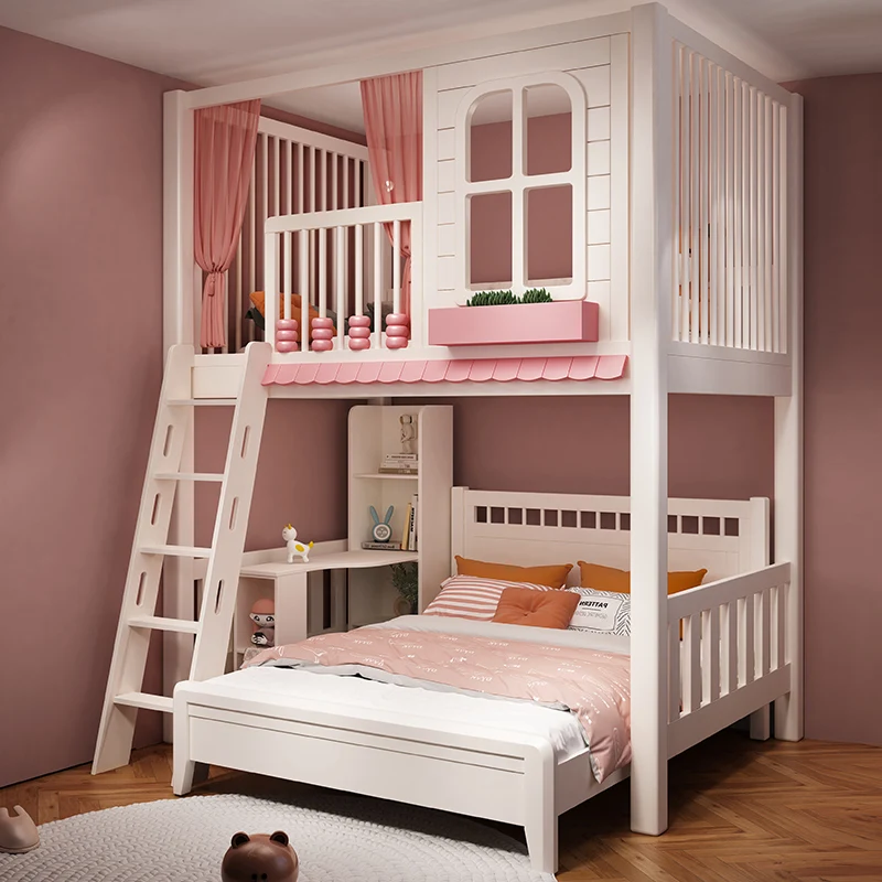 

Children's up and down bed staggered girl princess high guardrail solid wood elevated bed