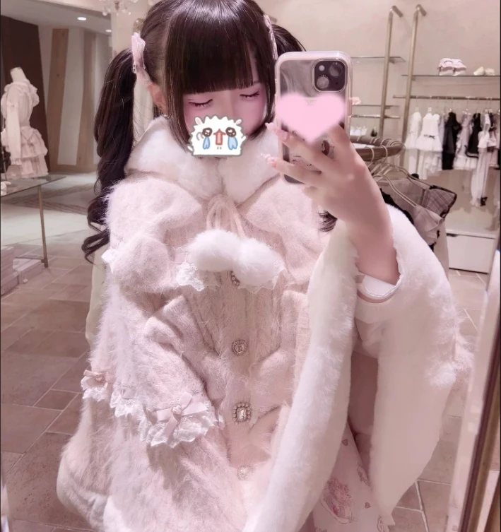 

Японский Liz, новый осенне-зимний женский плащ в стиле Лолиты с меховым бантом, кружевное вязаное пончо с капюшоном, теплая куртка-накидка