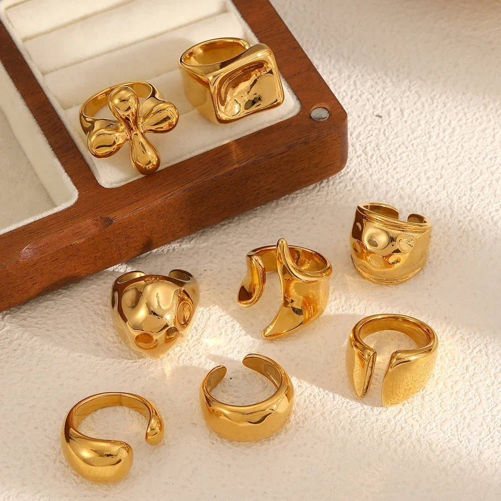 INS Trendy Stainelss Steel Geometric Hammer Pattern Rings 18k Gold Plated Open Rngs Women Daily Waterproof Jewelry