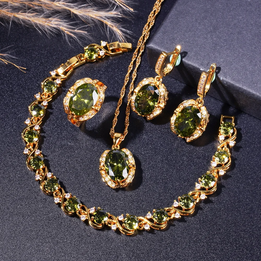 

Elegant And Sparkling Necklace Bracelet Ring And Earrings Set In Retro Olive Green Zirconia 18K Gold-Plated Jewelry Set