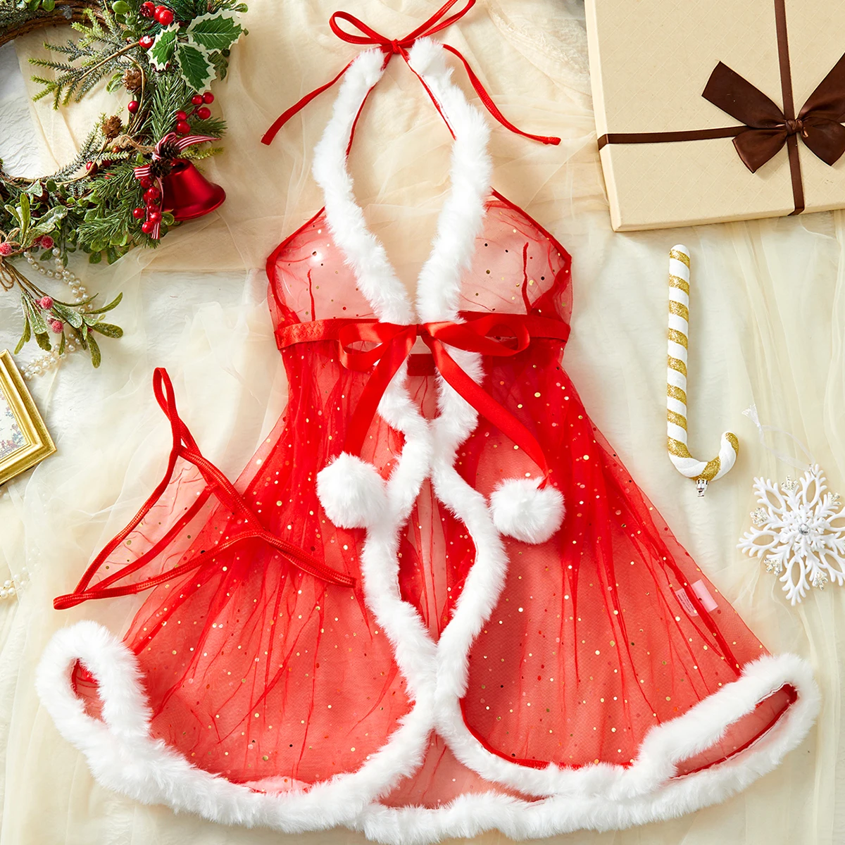 

Summer Adult Women Hot Selling Spicy Girl Thin Style Perspective Sexy Red Sparkling Beautiful Slim Fitting Clothes Underwear Set