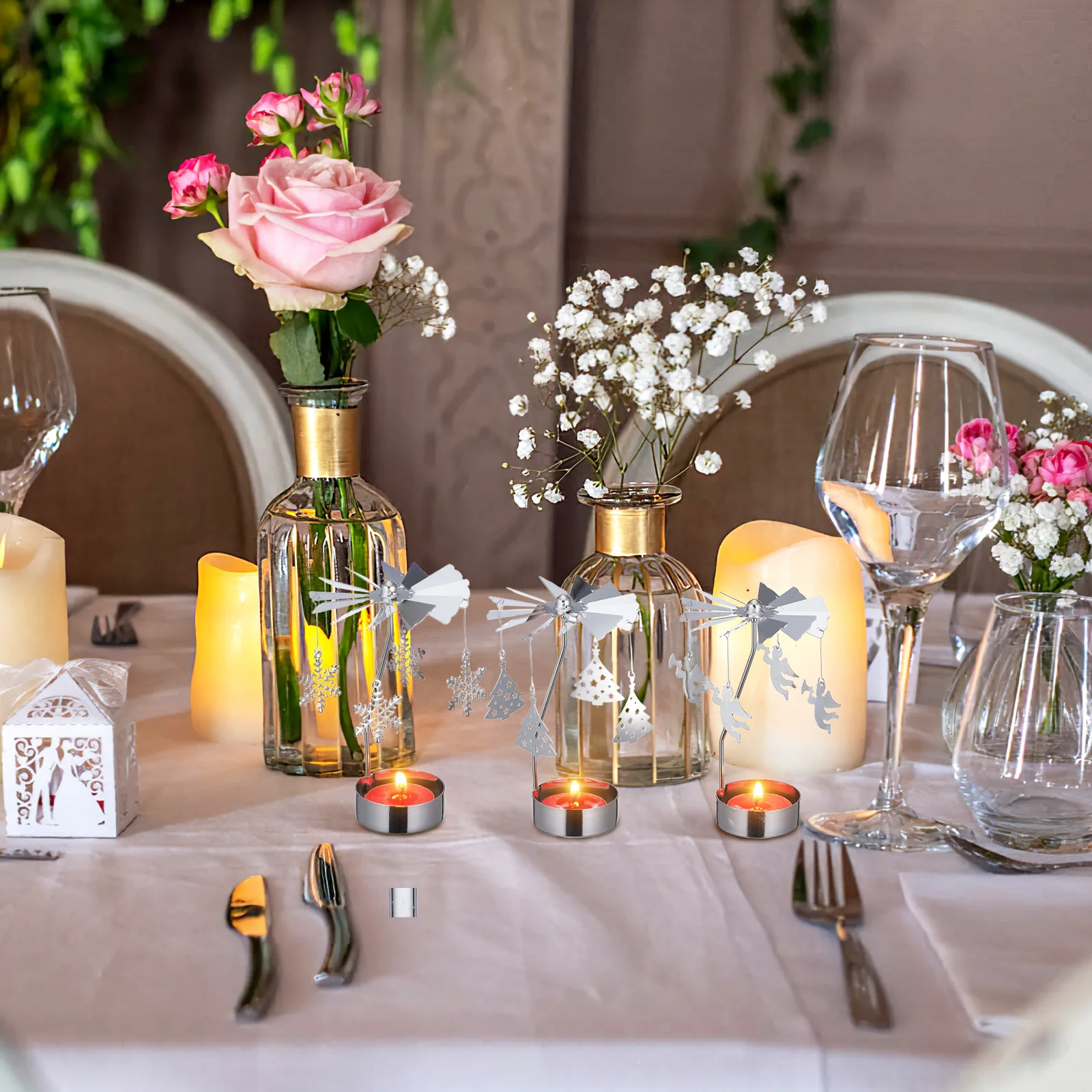 

3Pcs Metal Rotating Candleholder Iron Art Romantic Candlestick Decorative Table Adornment Home Wedding Party Decor Dining Table