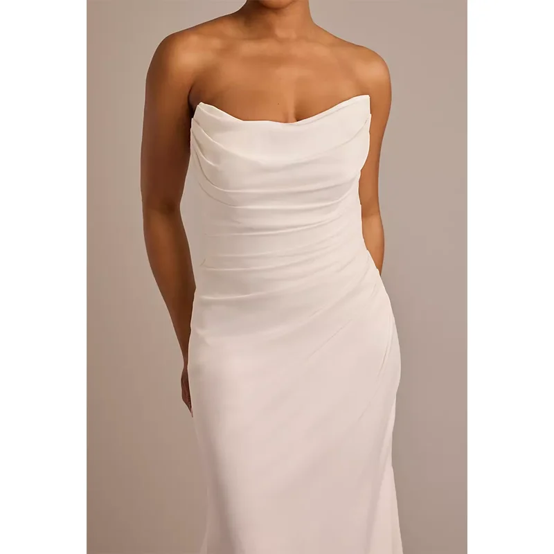 Women's Strapless Mermaid Satin Wedding Dresses for Bride Draped Boat Neck Sleeveless Bridal Gowns for Womens