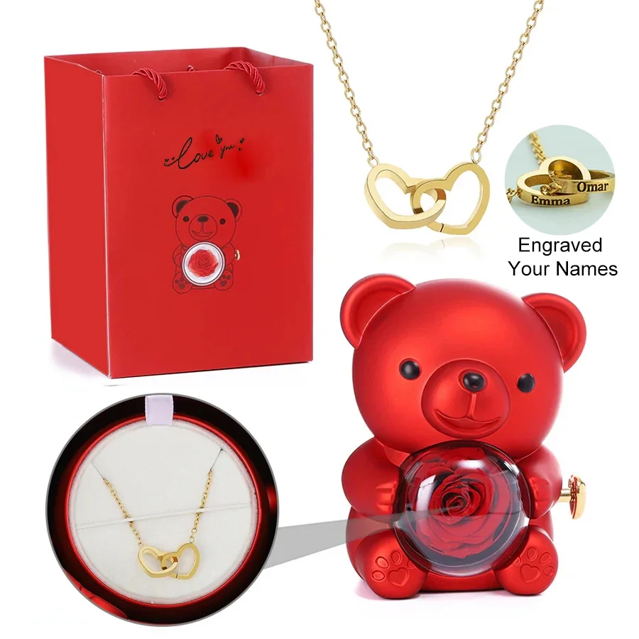 

Rotating Eternal Rose Flower Hug Bear Jewelry Box Valentine's Day Gifts and Romantic Heart-shaped Engraved Name Women's Necklace