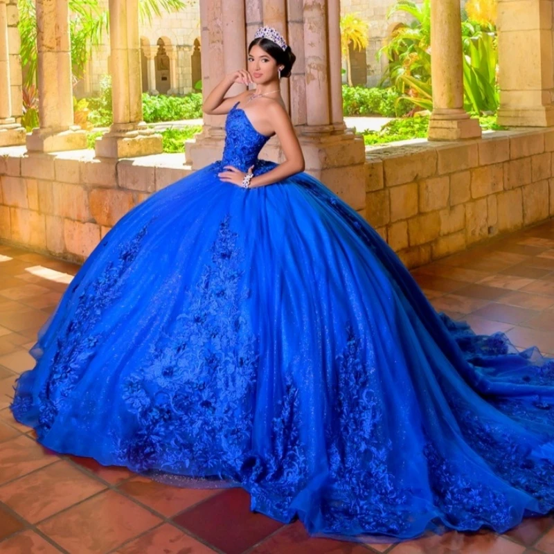 

Royal Blue Shiny Quinceanera Dresses Off The Shoulder Applique Flower Beading Crystal Tull Party Birthday Sweet 16 Dress Vestido