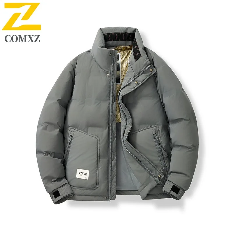 COMXZ Luxury Stand Collar Mens Down Jacket Outdoor Cycling Windproof Warm Coat Casual Travel Cold Resistant Winter New Down Coat