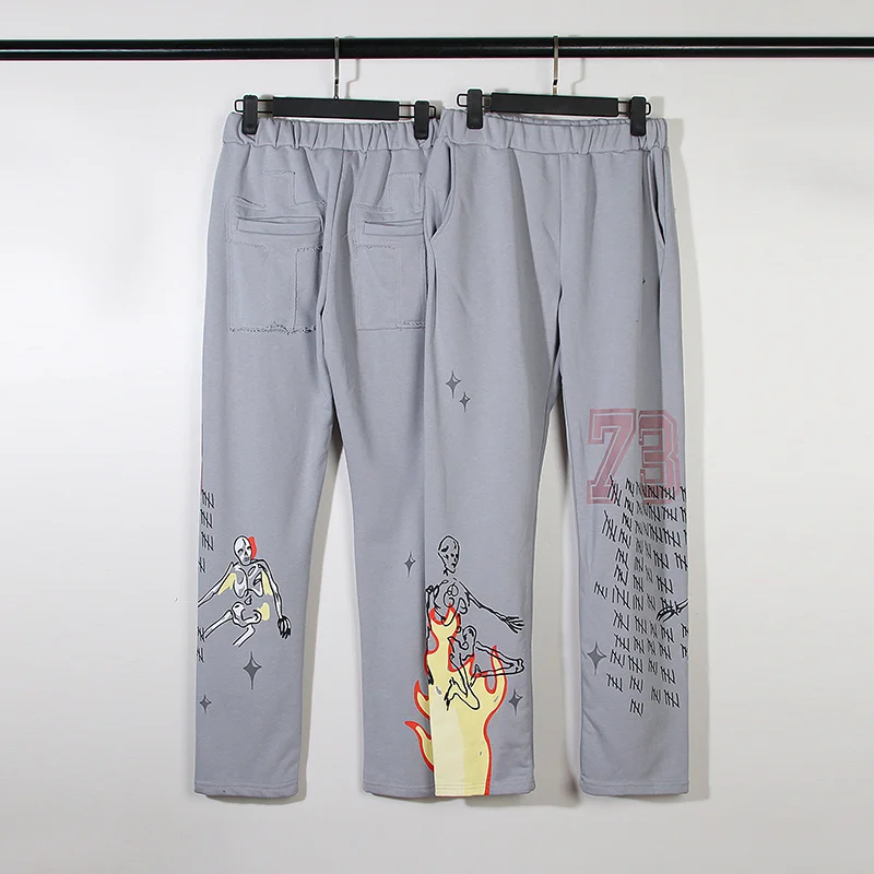 

High Street Mud Dyed Retro Flame Sweatpants Men Women Skull Printed Casual Pants