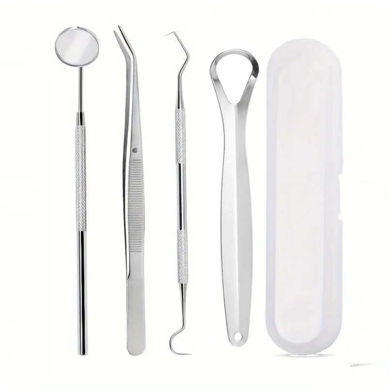 Conjunto de higiene oral de aço inoxidável inclui pinças, raspadores e removedores de detritos, com alças antiderrapantes para cuidados com os dentes e língua