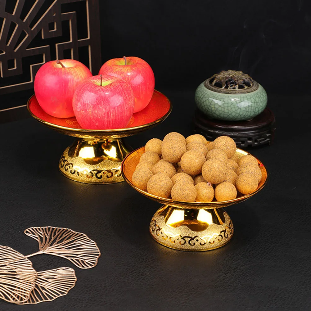 

2Pcs Offering Plate Chinese Style Golden Footed Temple Fruit Tray Wealth God Snack Dessert Bowl Home Decoration Buddhist Worship