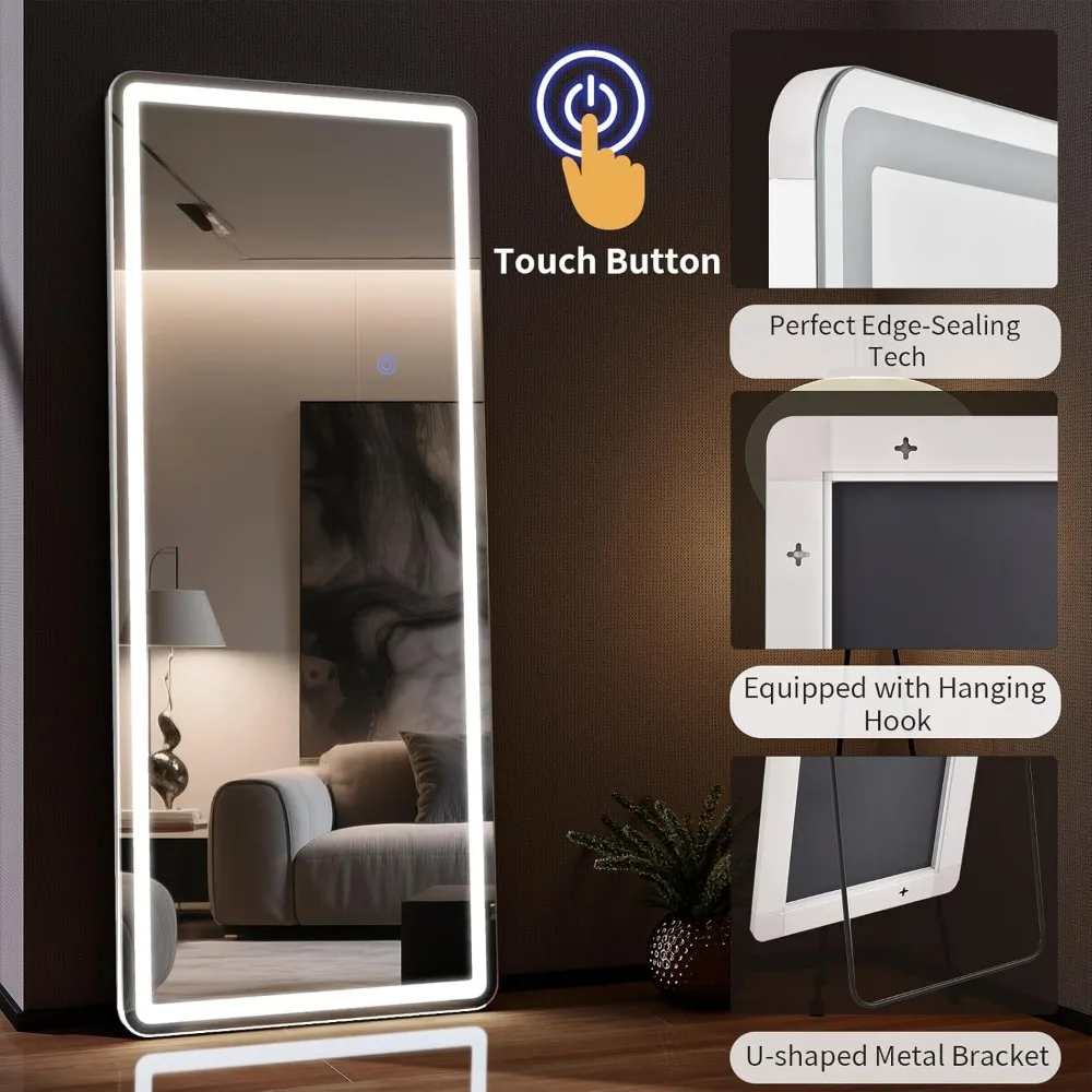 Lustro podłogowe z podświetleniem LED - Lustro stojące na całej długości 71x26 z regulacją jasności i 3 trybami kolorów - Montaż ścienny lub na stojaku