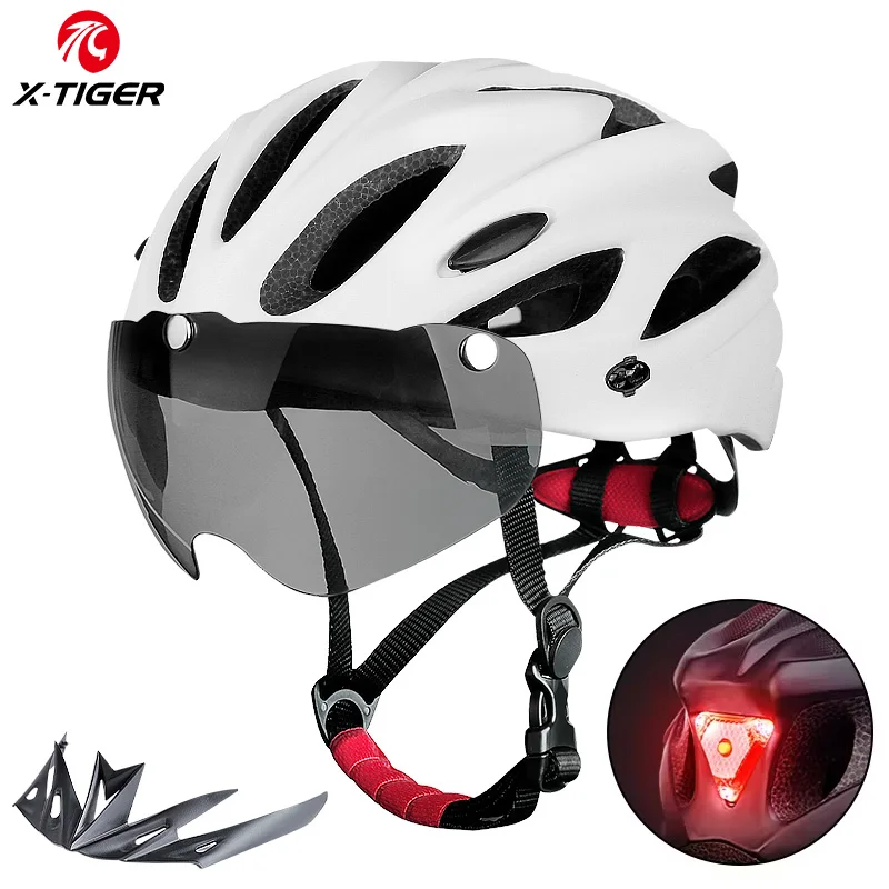 X-TIGER Magnetic Goggles Bicycle Helmet with LED Rear Light Ultralight Cycling Helmet Adult MTB Bike Helmet Fit 58-62cm