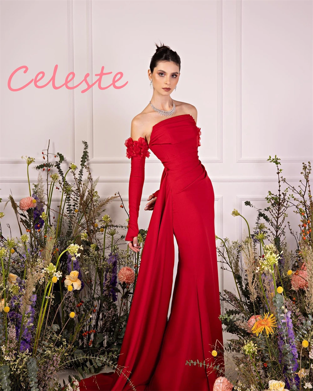 

Customized Mermaid Formal Red Evening Dresses Exquisite Strapless Detachable Sleeve Homecoming Dresses Modern Prom Dress