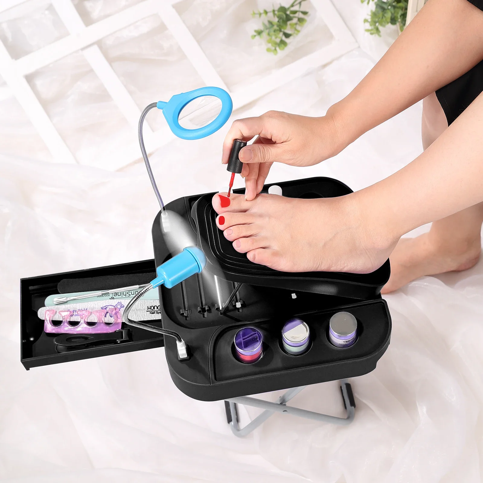 Adjustable Beauty Footrest, with LED Magnifier and USB Fan, for Easy At-Home Pedicures or Nail Salon