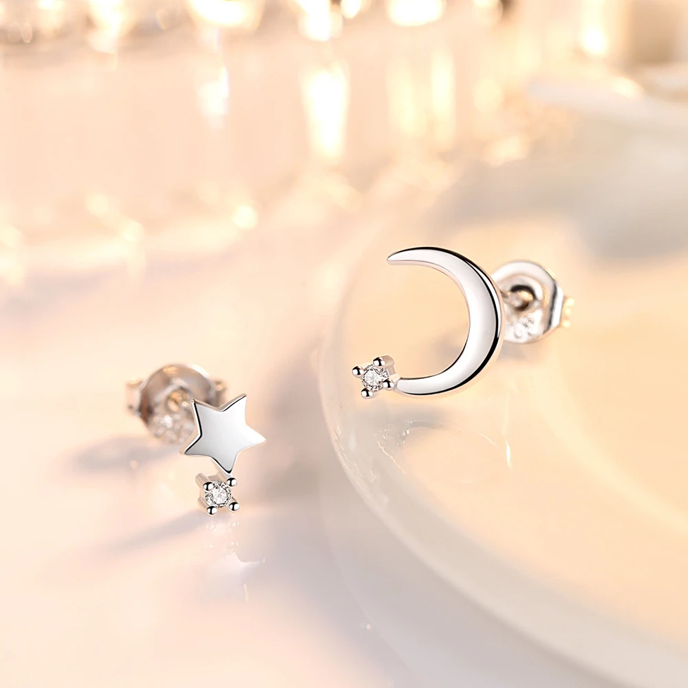 Pendientes asimétricos de Plata de Ley 925 para mujer, joyería de cristal de alta calidad, con forma de Luna y Estrella, XY0242