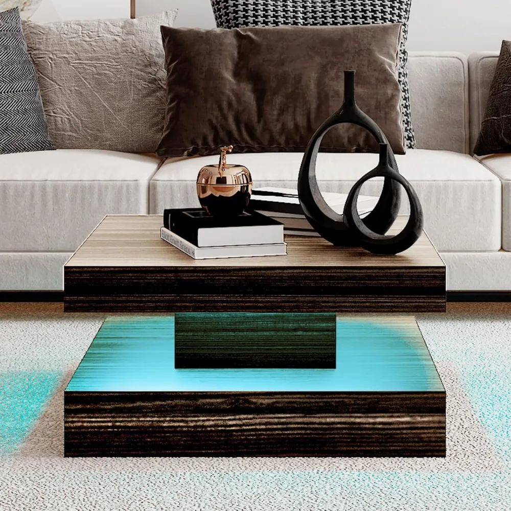 

LED Coffee Table, Square Gray Wood Grain Lights Center Table Modern Cocktail Table for Small Spaces Tea, Coffee Table